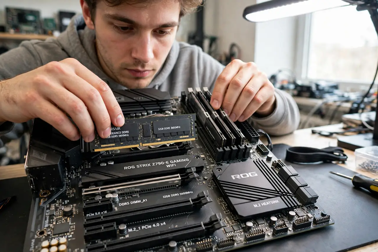 A person's hands installing two real RAM sticks into the color-matched slots of a motherboard, the slots clearly