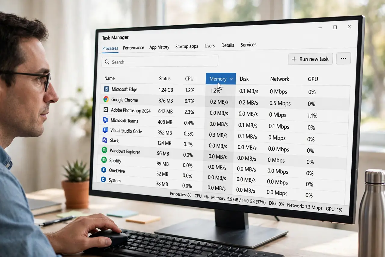 A person performing step 1: Sort Task Manager by memory.