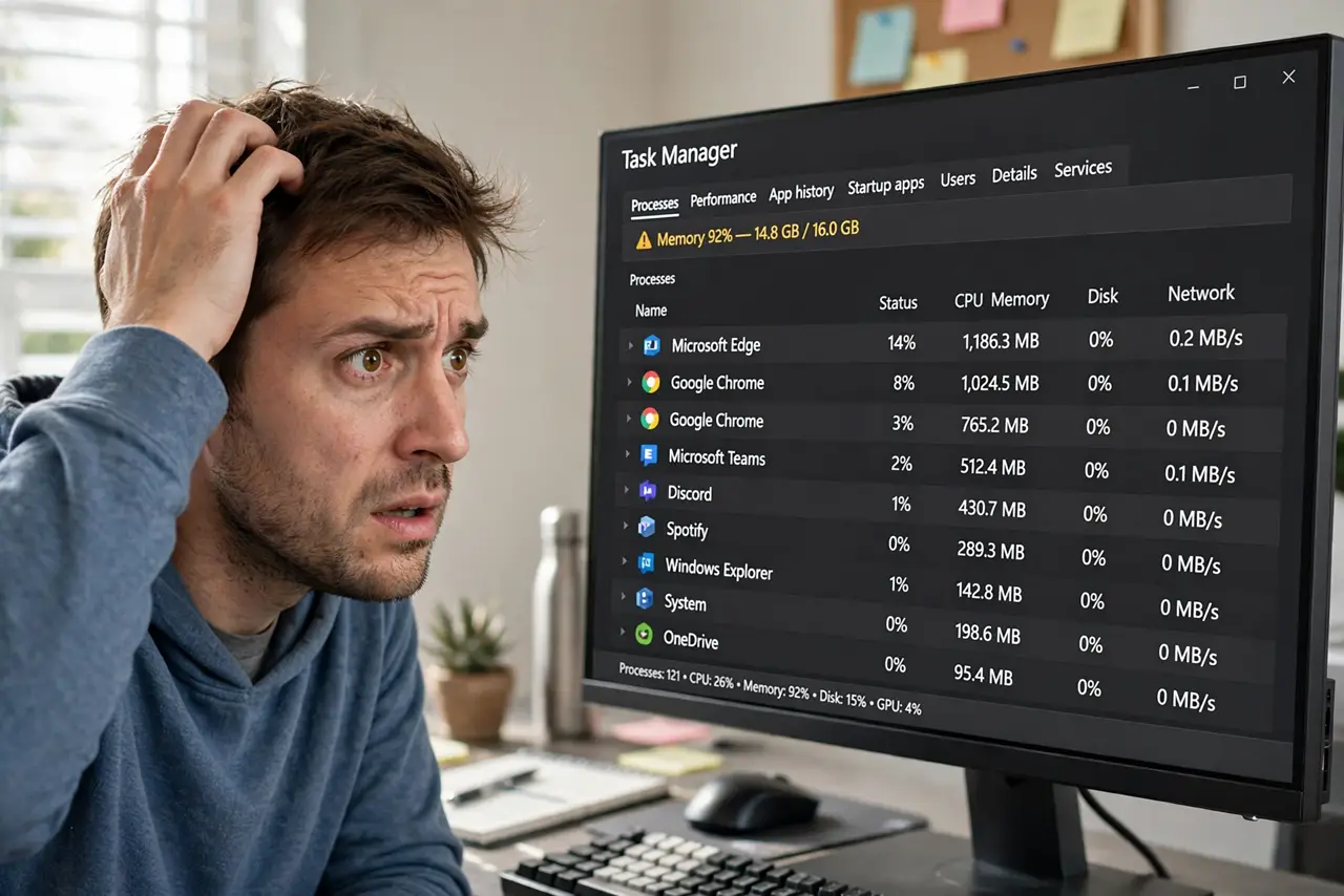 A puzzled adult looking at a real computer screen showing Task Manager with high memory usage and legible text, the person scratching their head.