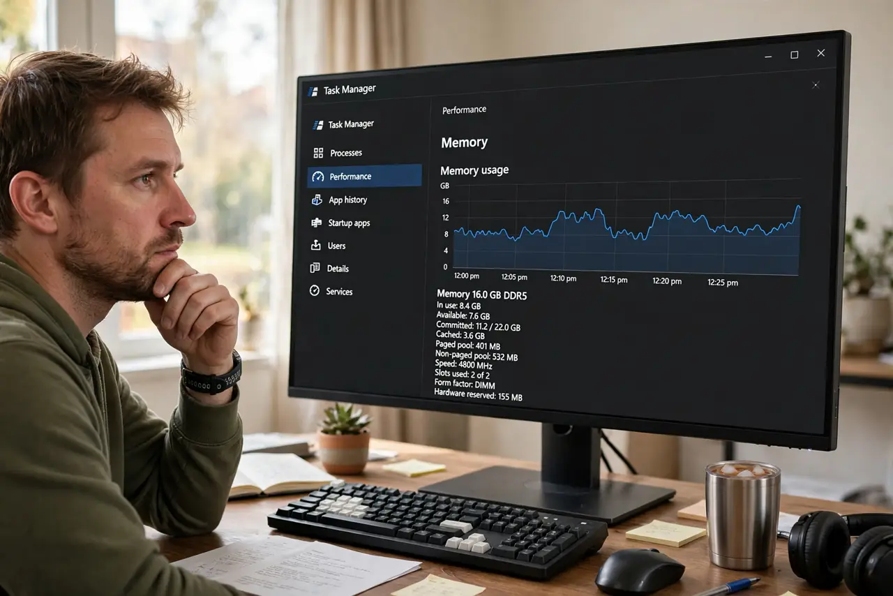 A person looking at a real monitor showing Task Manager memory usage graph legible on screen, the person's face
