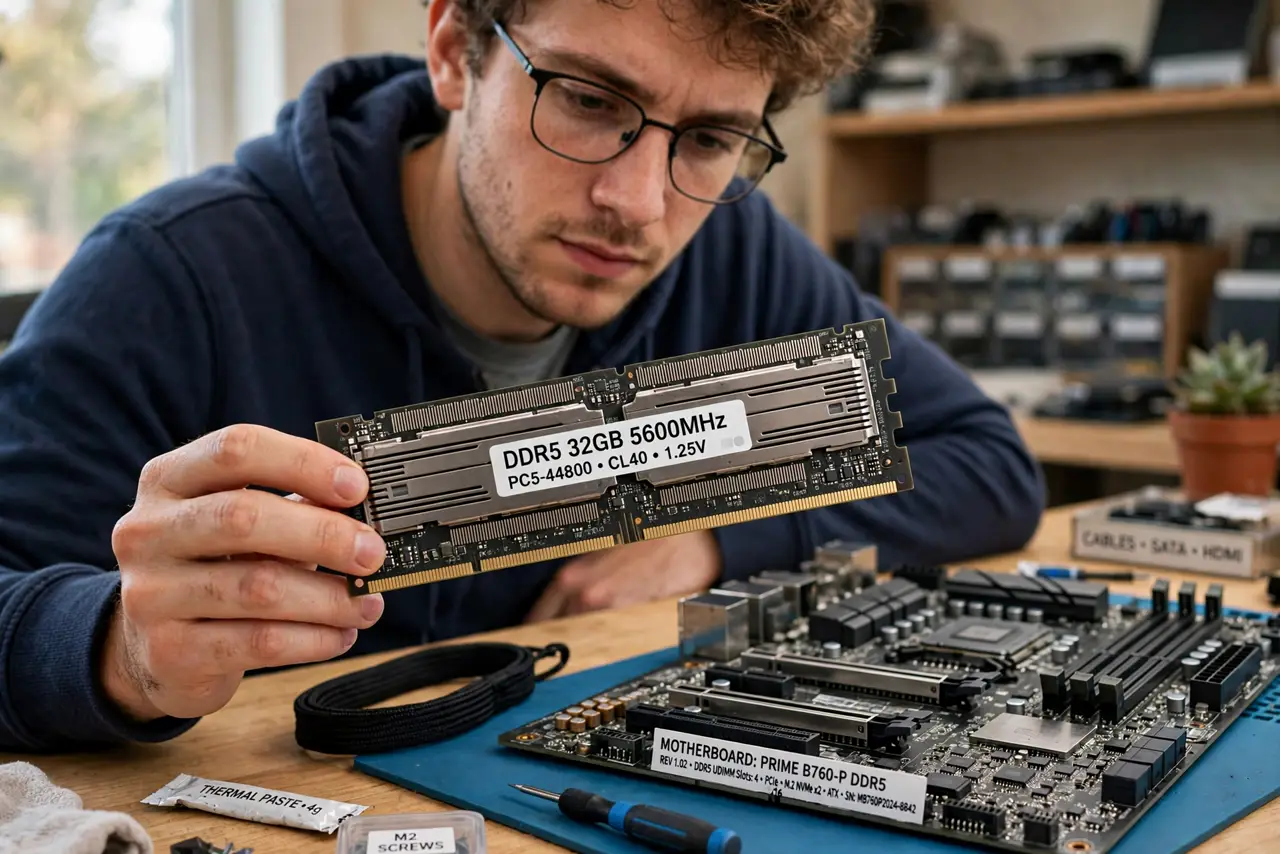 a person holding a real RAM stick next to a motherboard with the specs label legible, the person's face thoughtful, well-lit workbench. No black screen, no blank white screen, no f.