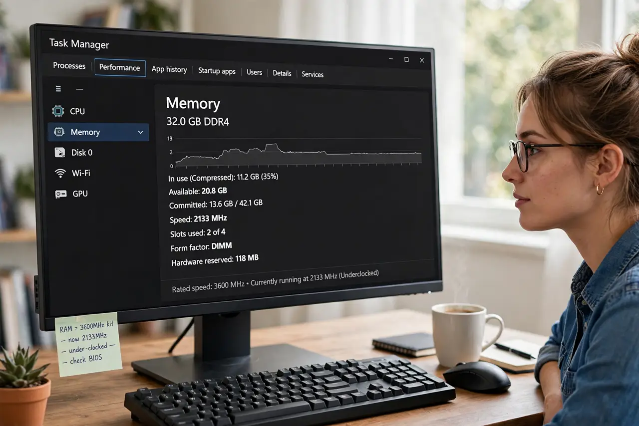A person performing the first step: Confirm the RAM is underclocked. Task Manager > Performance > Memory shows the.