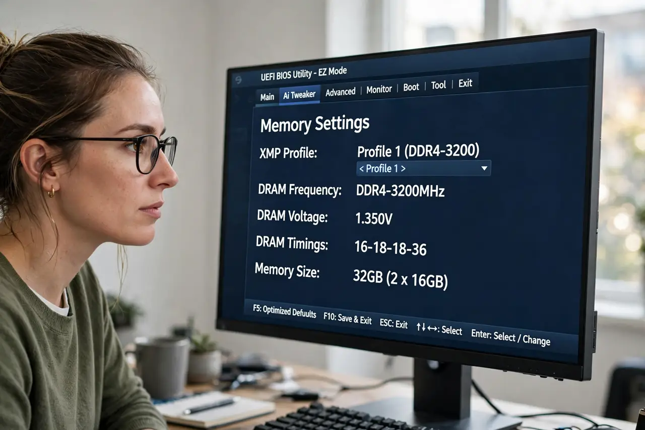 A person looking at a real monitor showing BIOS memory settings with an XMP profile option legible, the person's face