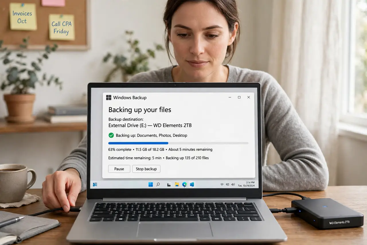 a person at a real desk connecting a real external hard drive to a real laptop, backup software on screen with a legible progress bar, the person's face calm and confident, home office.