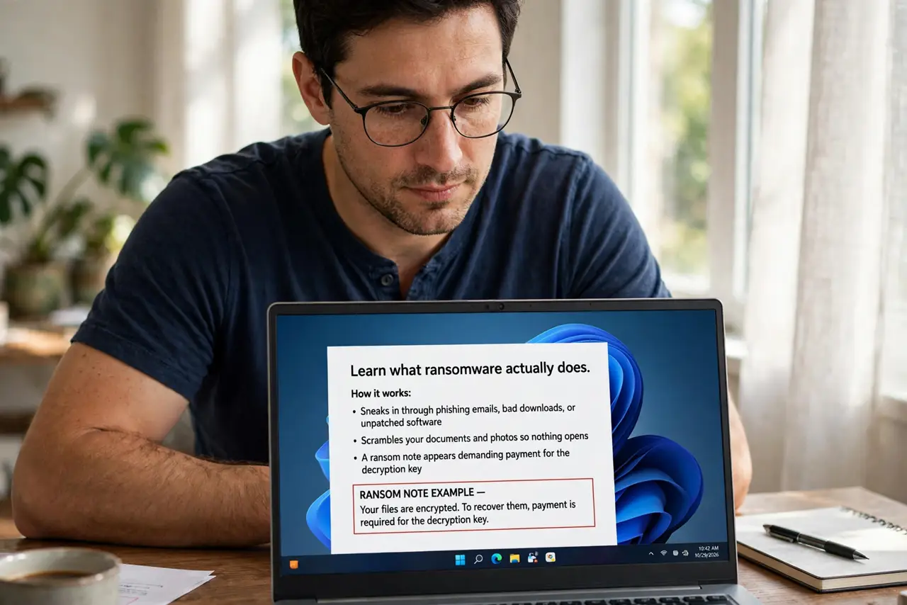 A person performing the first step of the guide: Learn what ransomware actually does.
