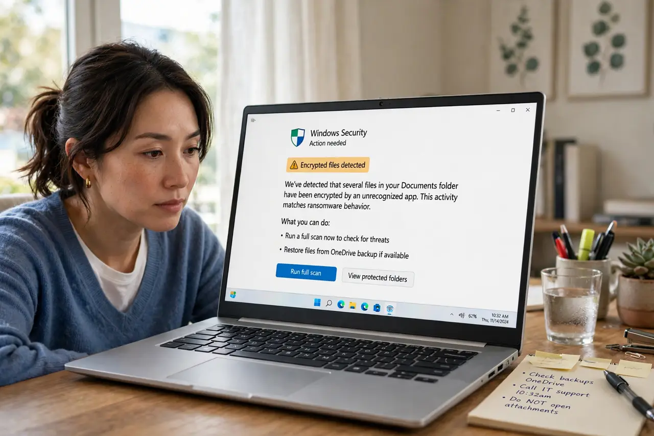 a person at a real desk looking at a real laptop screen showing a warning message about encrypted files, a notepad beside them, the person's face serious but calm, home office.