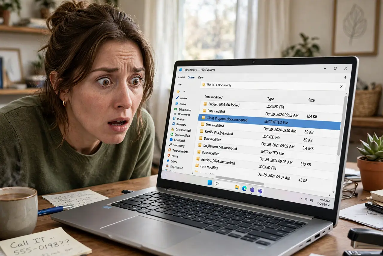 Photoreal photo: a person looking shocked at a real laptop showing files with strange renamed extensions, the person's face alarmed, home office. No black screen, no blank white screen, no fake or garbled screen text.