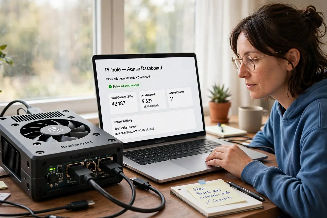 A person calmly performing the guide's first step: Block ads network-wide.