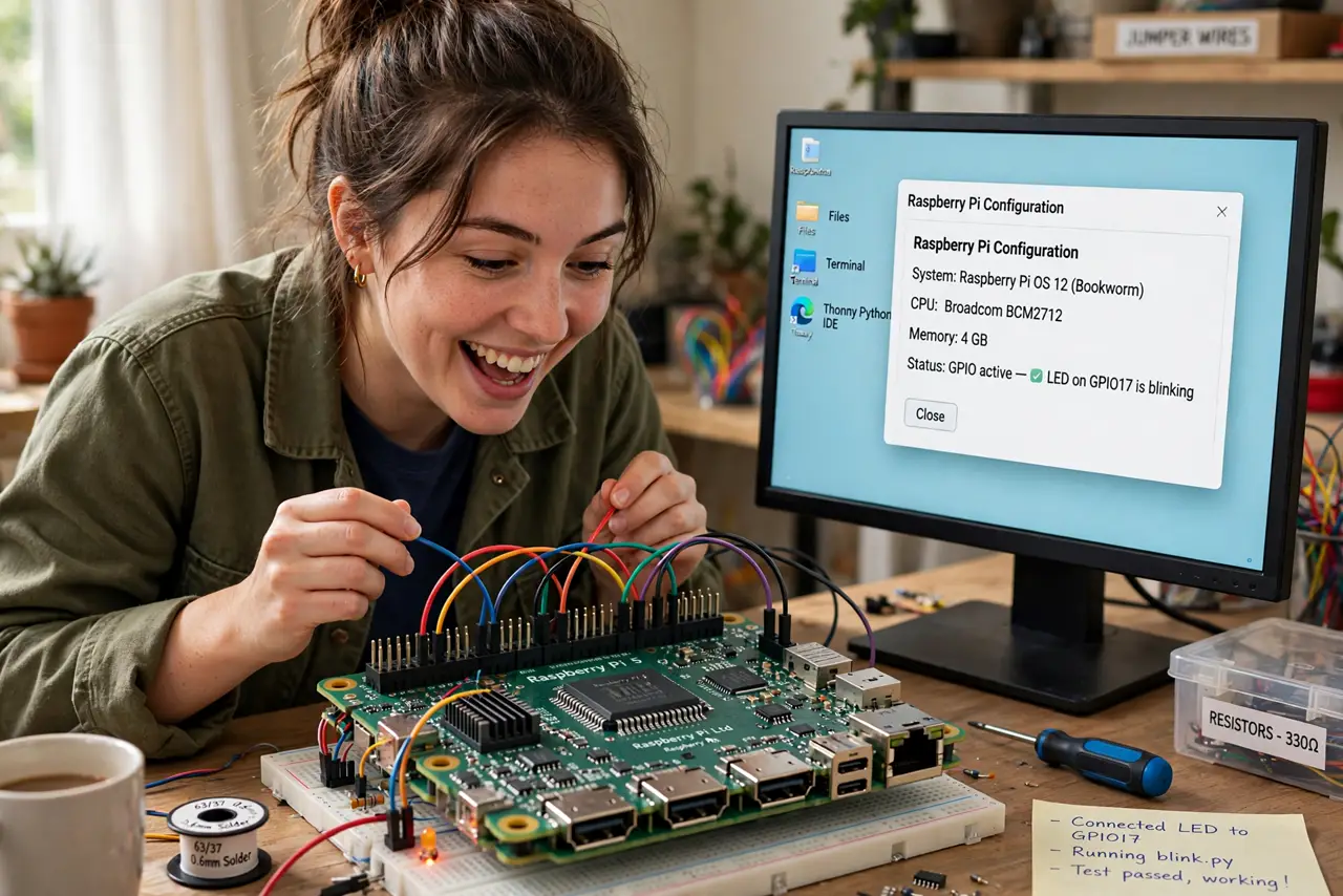 a person assembling a real Raspberry Pi board with colorful cables on a desk, a small monitor nearby showing a desktop, the person's face excited, hobby workspace. No black screen,.
