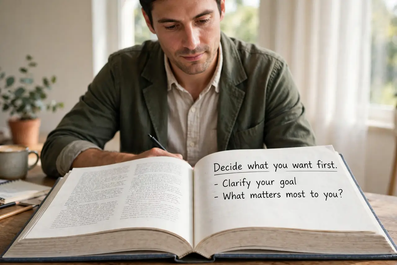 A person calmly performing the guide's first step: Decide what you want first.