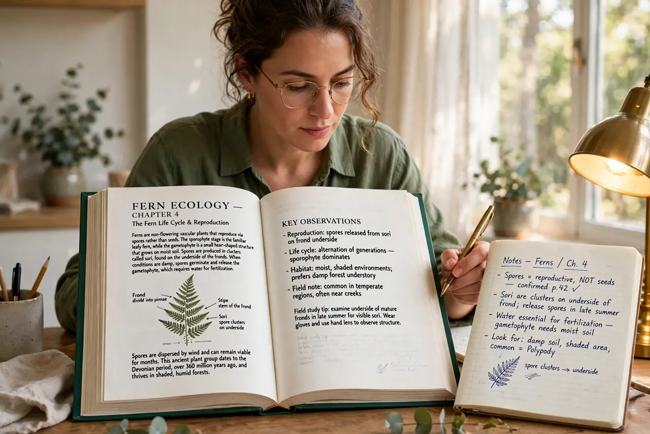 a person reading a real book with a pen in hand, focused expression, a notebook with legible notes beside them, warm reading lamp. No black screen, no blank white screen, no fake o.