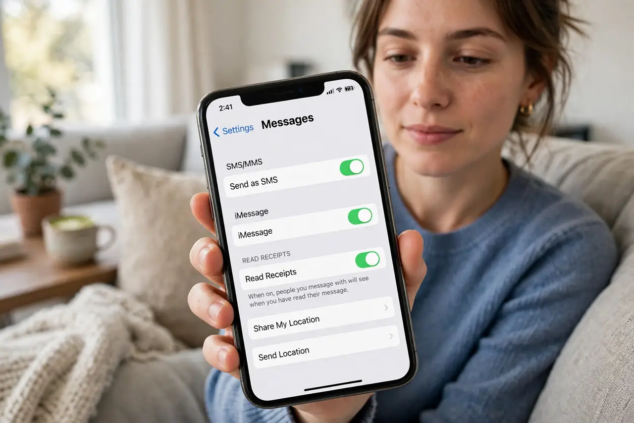 A person holding a real phone showing a messaging app's privacy settings with a read receipts toggle legible, the