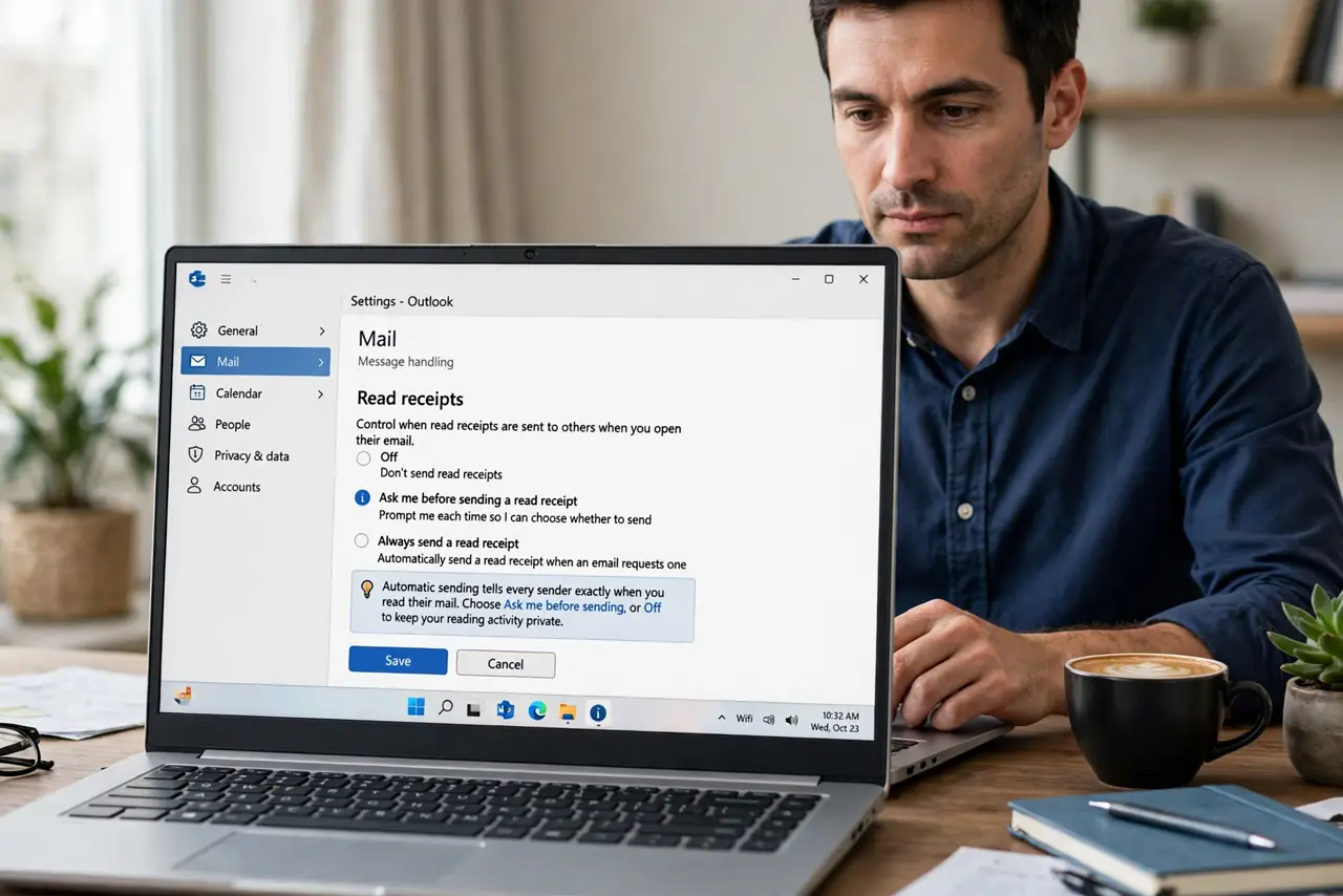 A person performing step 1 of the guide: Turn off automatic read receipts. Find the read receipt option in your email settings and set it to ask before sending, or off entirely....