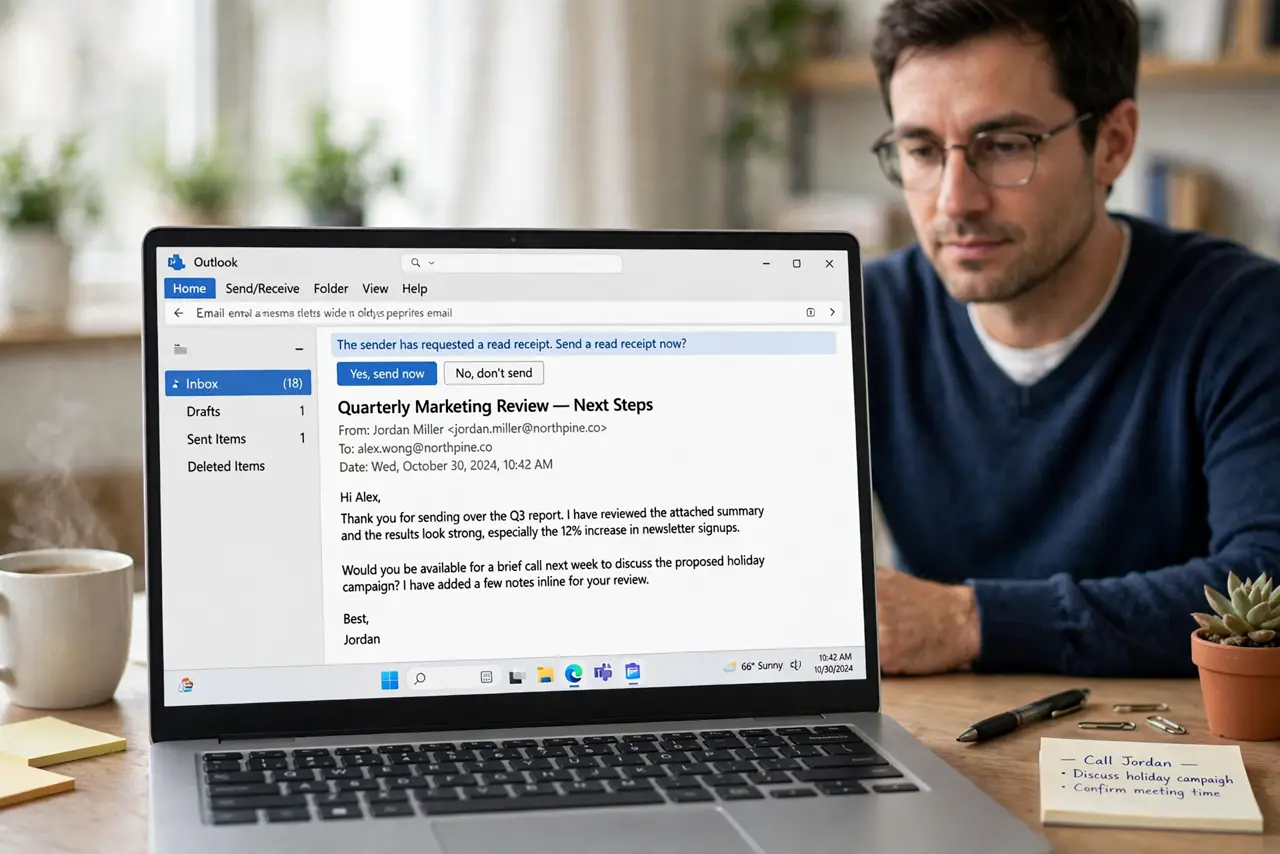 a calm adult at a desk with a real laptop, the screen showing a normal email with a read receipt prompt and legible text, the person deciding calmly
