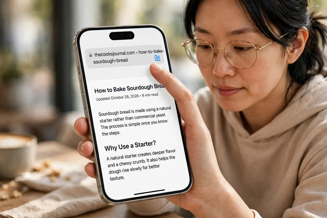 A person performing the first step of the guide: Find the reader icon. In Safari's address bar, the reader icon (lines on a page) appears on article pages. Tap.