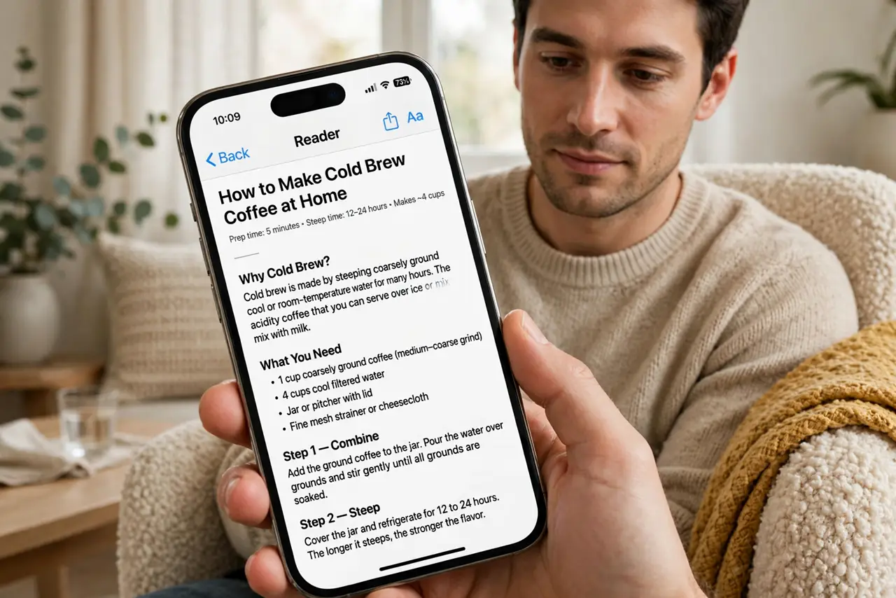 A person reading a real phone showing a clean reader-mode article with legible text, no ads visible, the person's face relaxed, cozy chair. No black.