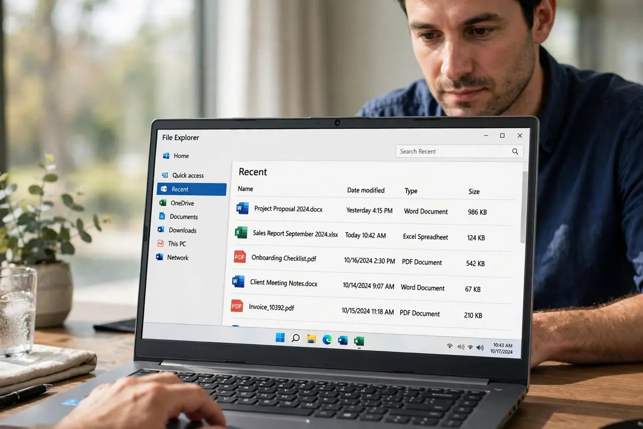 A focused man opening a document so File Explorer Recent has a fresh file.