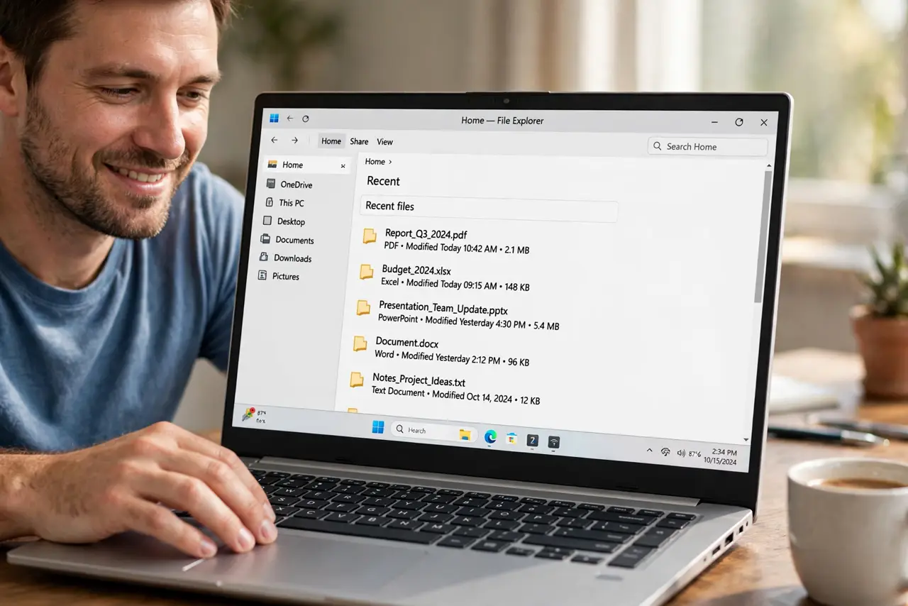 A relaxed man looking at File Explorer on a Windows laptop showing the Home recent files list.