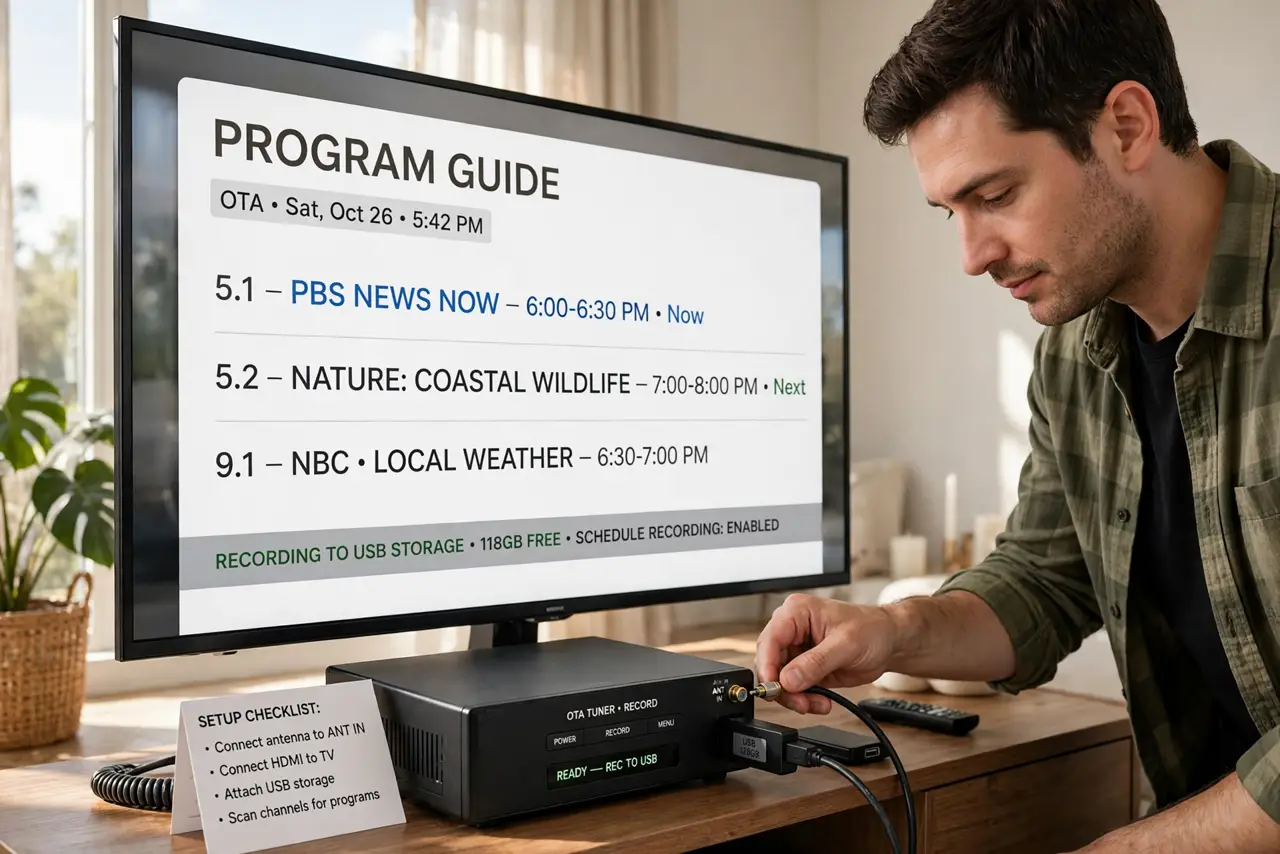 A person performing step 1: Get an OTA tuner with recording. A digital tuner box connects to your antenna and TV, tunes the broadcasts, an.