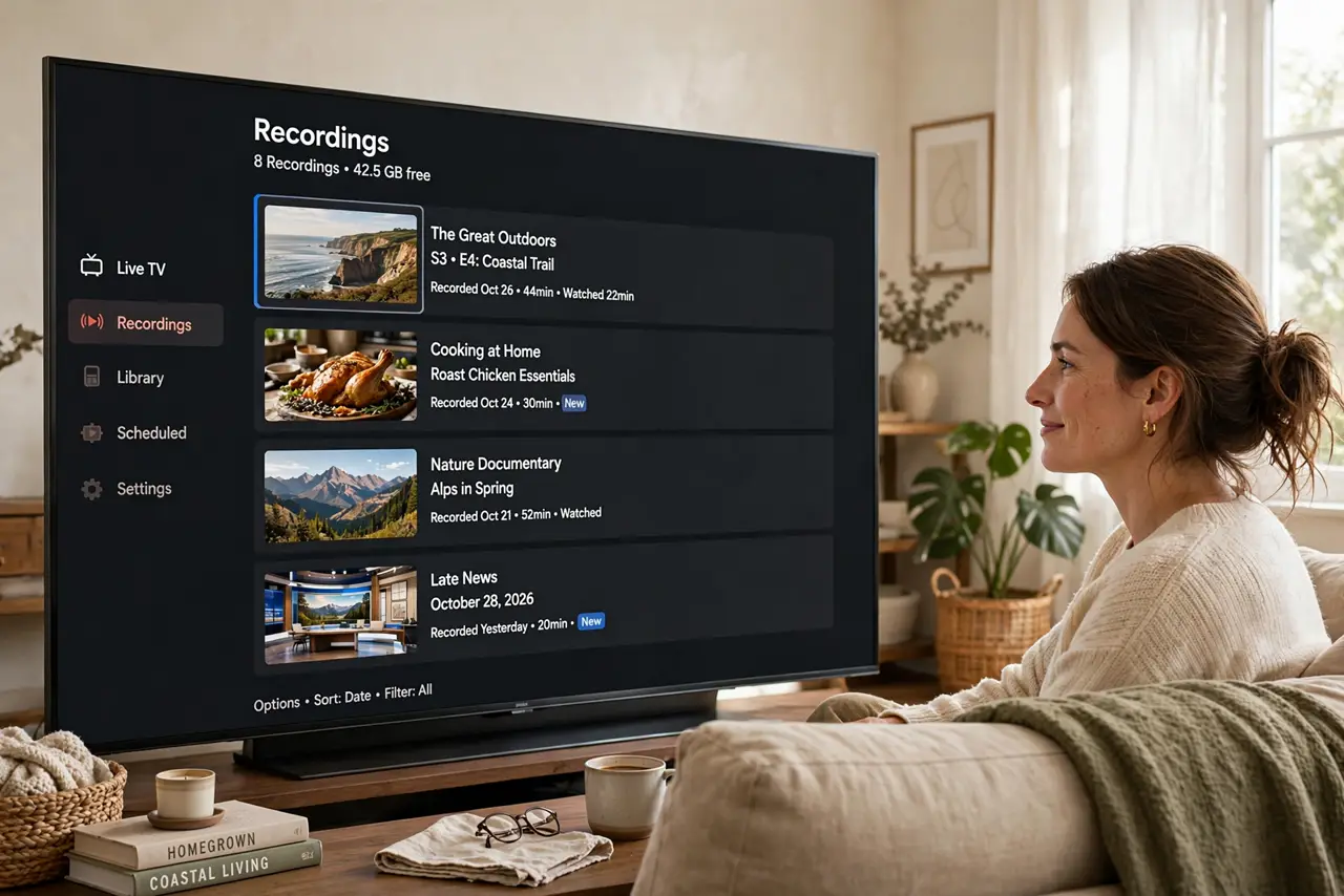 A person browsing recorded shows on a real TV, the screen showing a legible recordings menu with program thumbnails, the person's face satisfied, cozy living room.