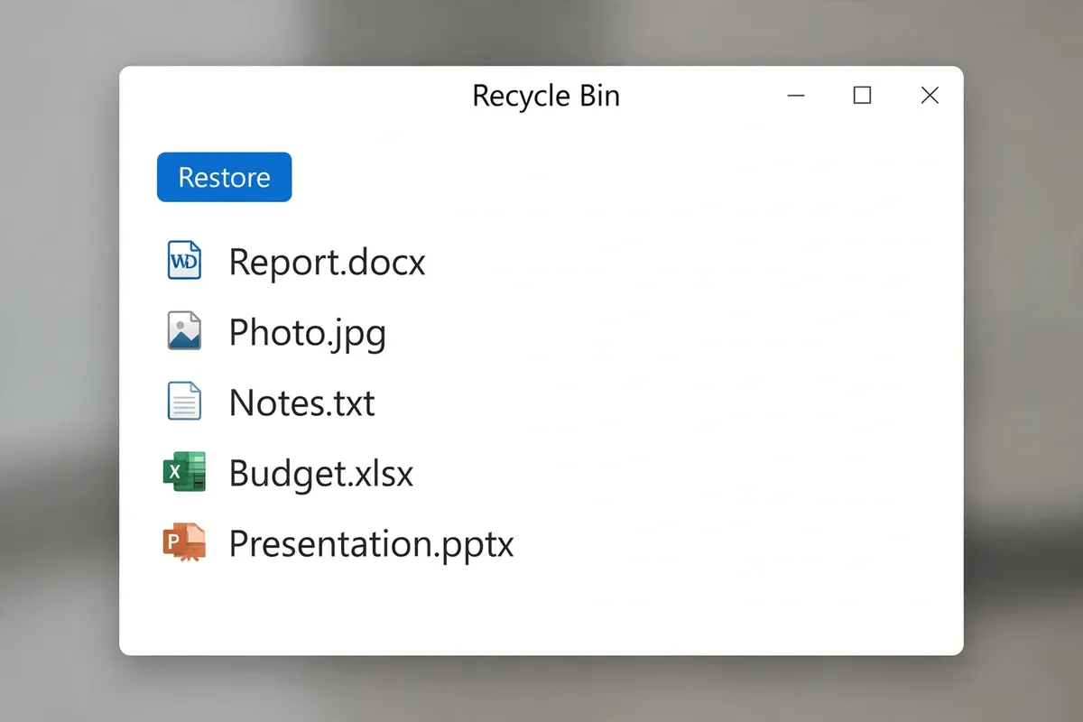 The Windows Recycle Bin window with the Restore button highlighted above a list of deleted files.
