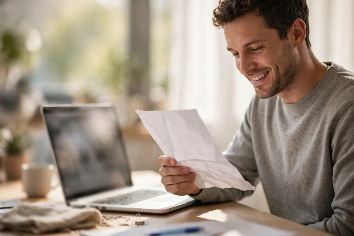 A smiling man at a bright desk holding up a recovered printed document beside his laptop.