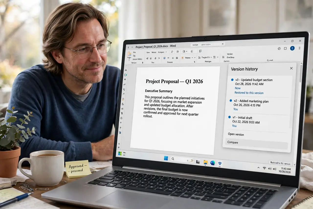 Recover an Overwritten Cloud File — a focused adult at a desk looking at a real laptop screen showing a document with a version history panel open
