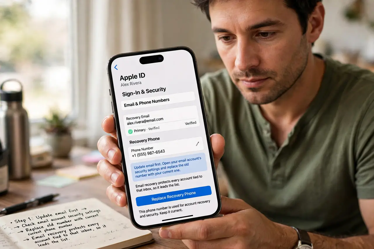 A person performing step 1 of the guide: Update email first. Open your email account's security settings and replace the old number with your current one. Email recovery...
