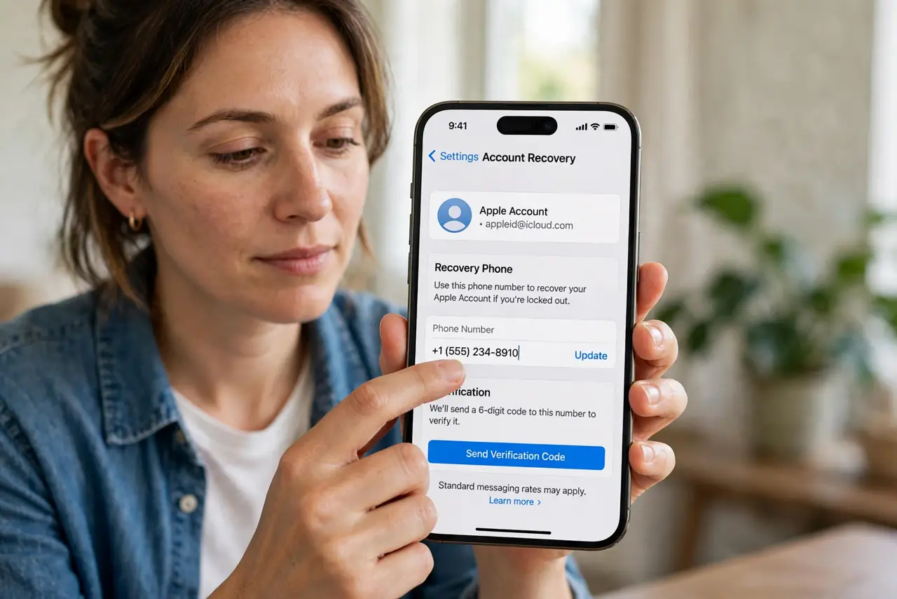 a calm adult holding a real iPhone showing a normal account recovery settings screen with a phone number field and legible text, the person updating it