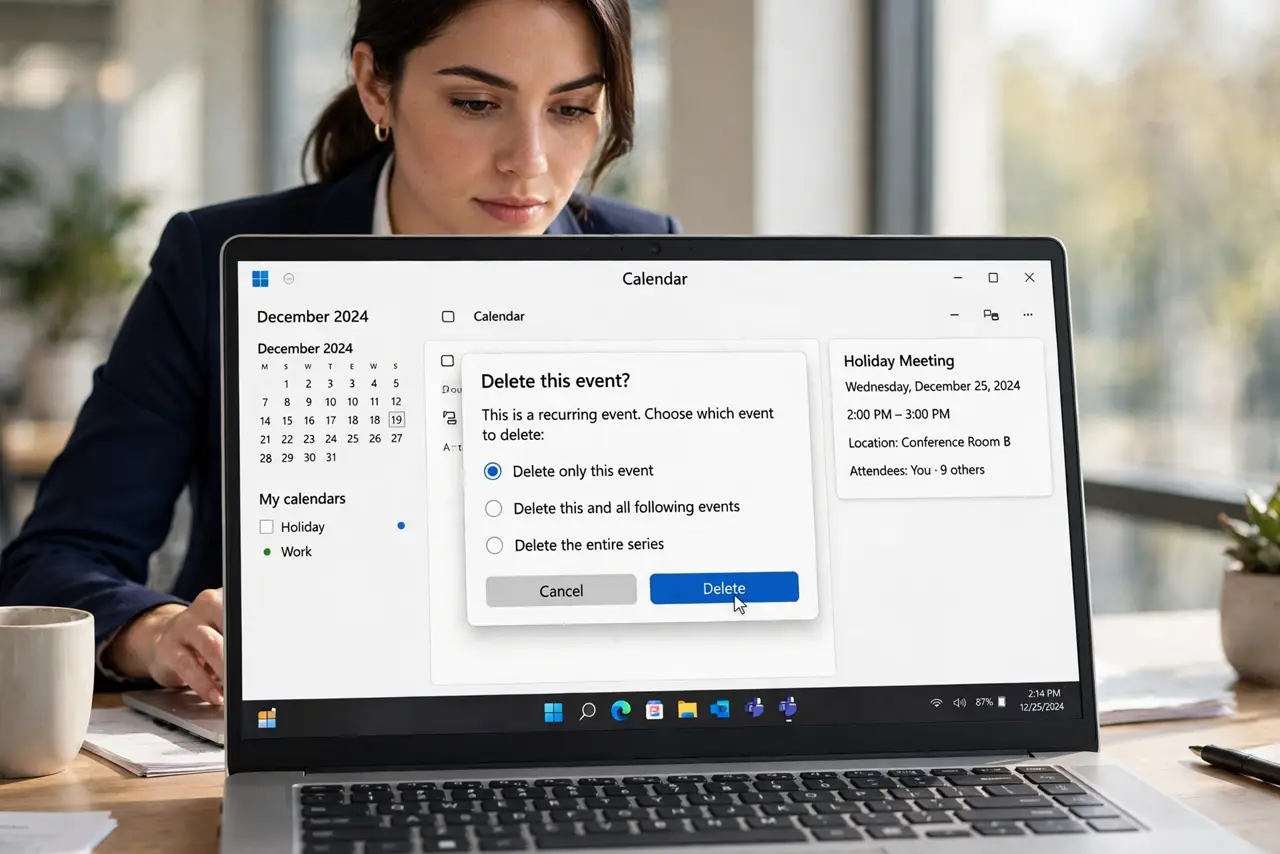 Recurring Meeting on a Holiday — a calm professional deleting a single holiday meeting occurrence on a real laptop calendar, the screen showing
