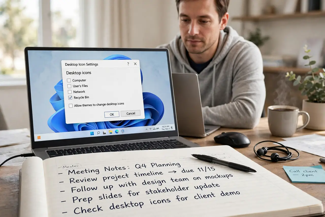 A calm adult with the Desktop Icon Settings panel open, the Recycle Bin checkbox checked.