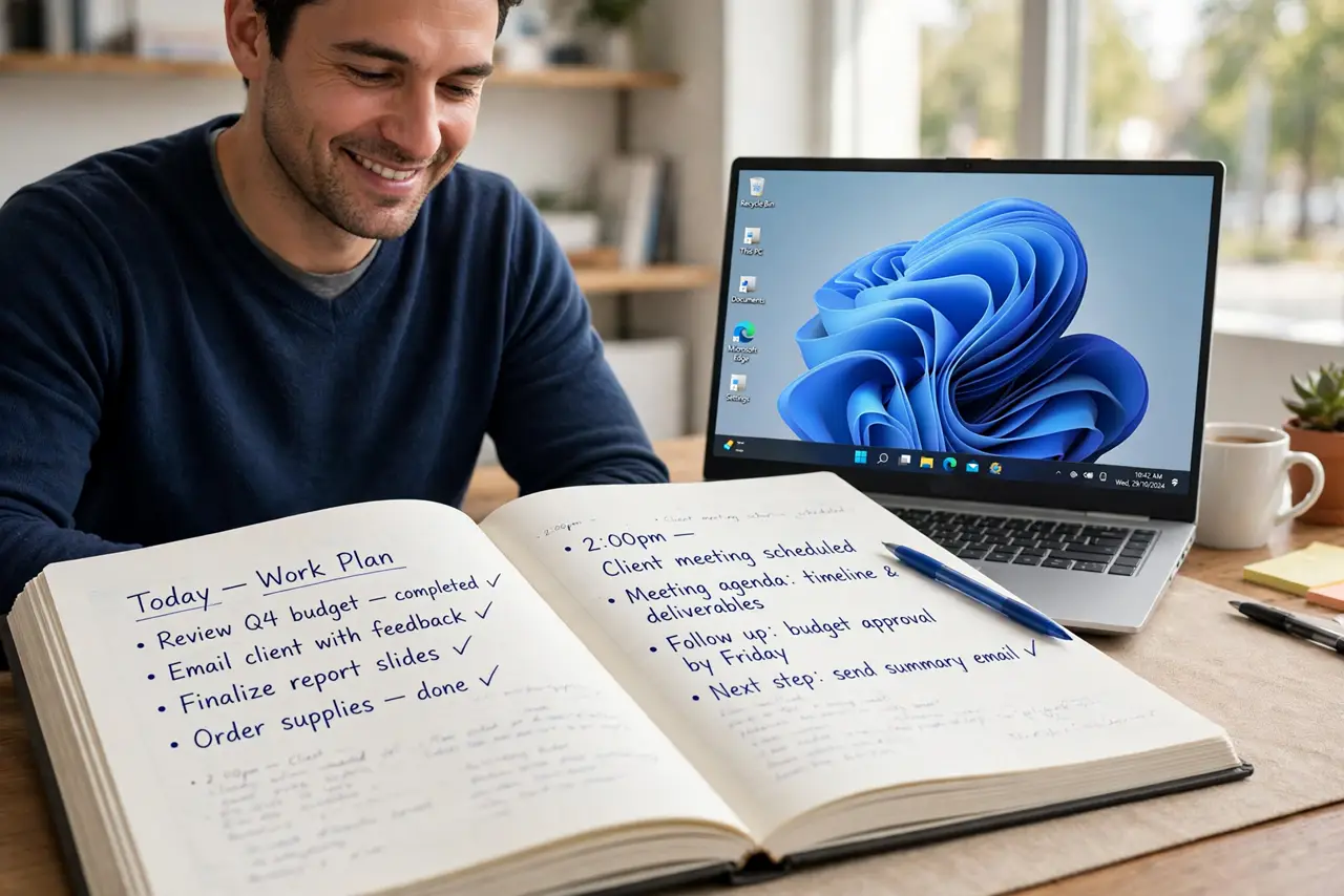 A calm adult at a desk with a Windows laptop, the desktop showing the Recycle Bin icon clearly.