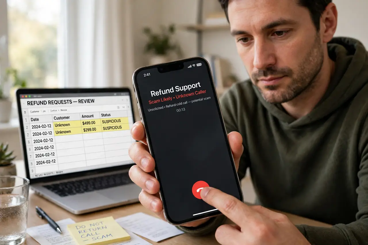 A person performing the first step: Hang up on refund cold calls. No legitimate company processes refunds via unsolicited calls. The call itself is the.