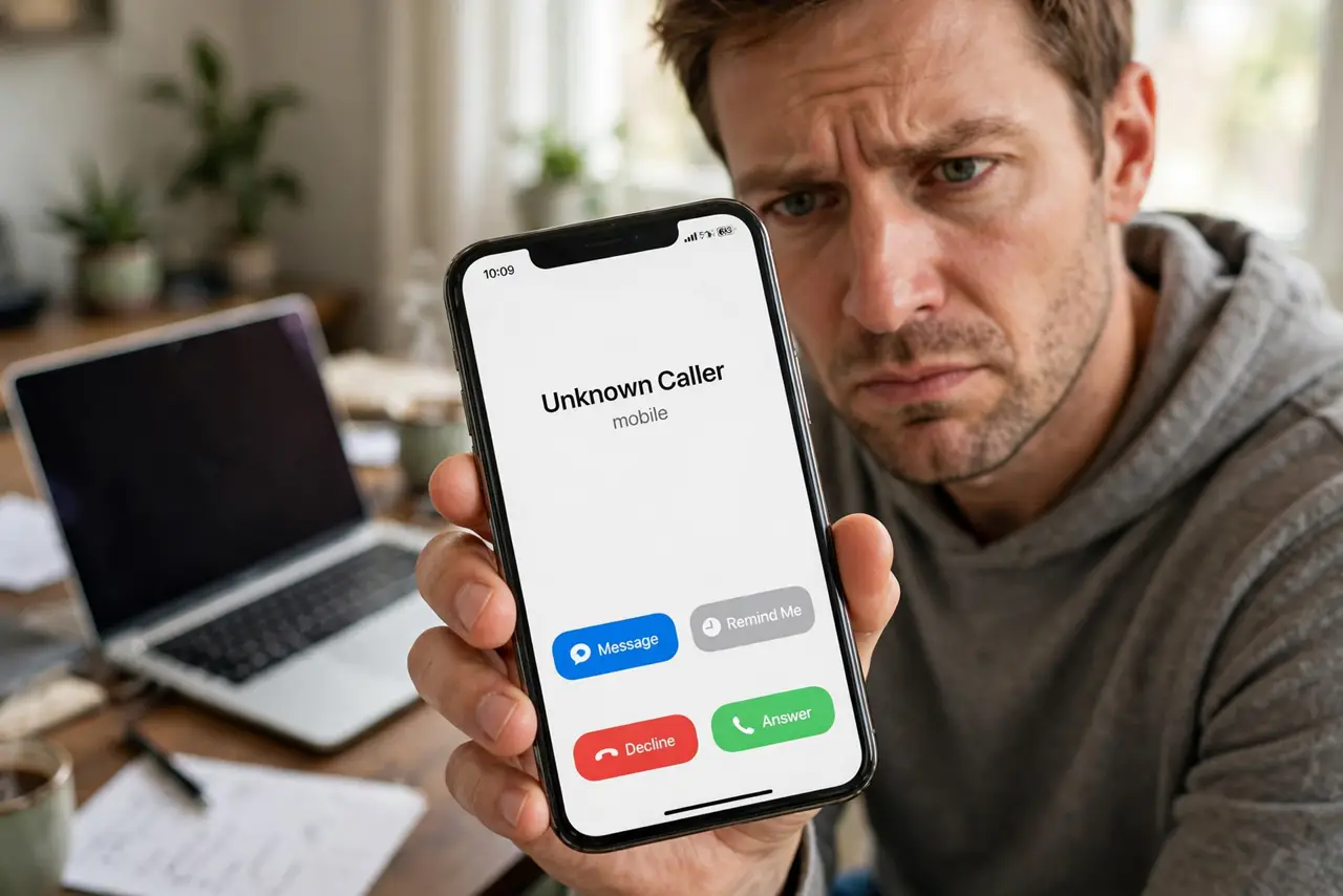A suspicious adult holding a real phone showing an unknown caller fully legible on screen, a laptop nearby, the person's face doubtful, home office.