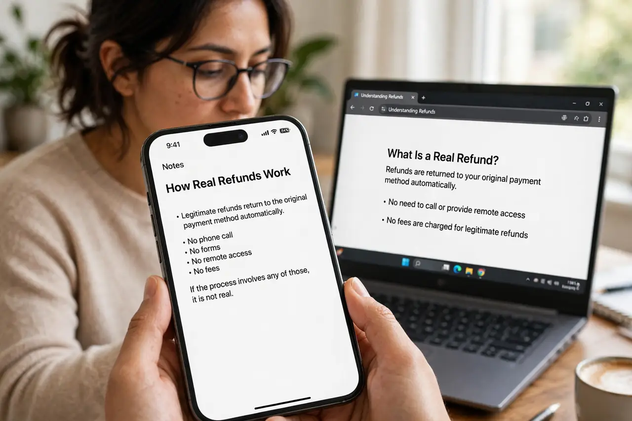 A person performing the first step of the guide: Learn how real refunds work. Legitimate refunds return to the original payment method automatically. No phone.