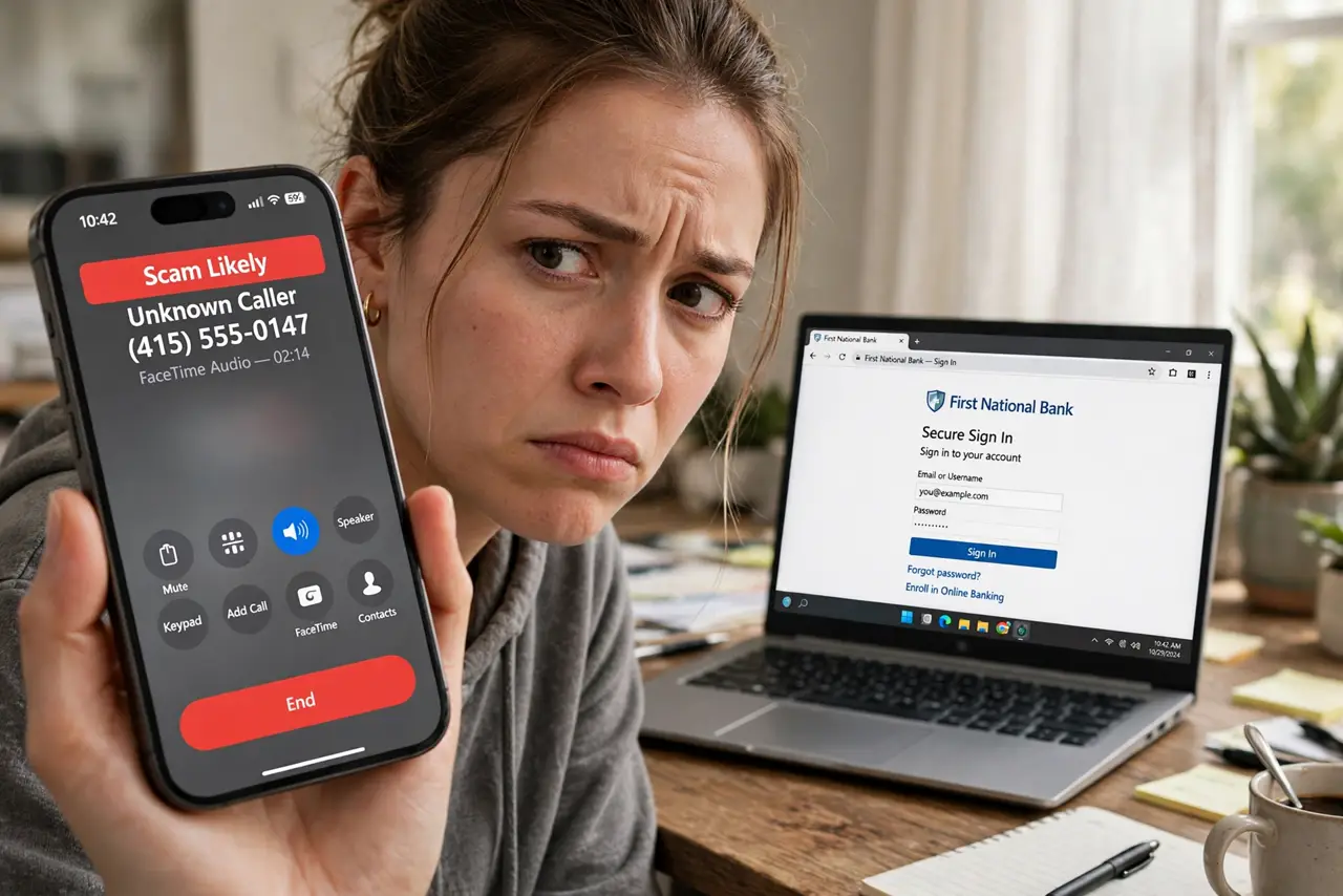 A person holding a real phone away from their ear with a suspicious expression while a laptop shows a bank login page, the person's face wary, home.