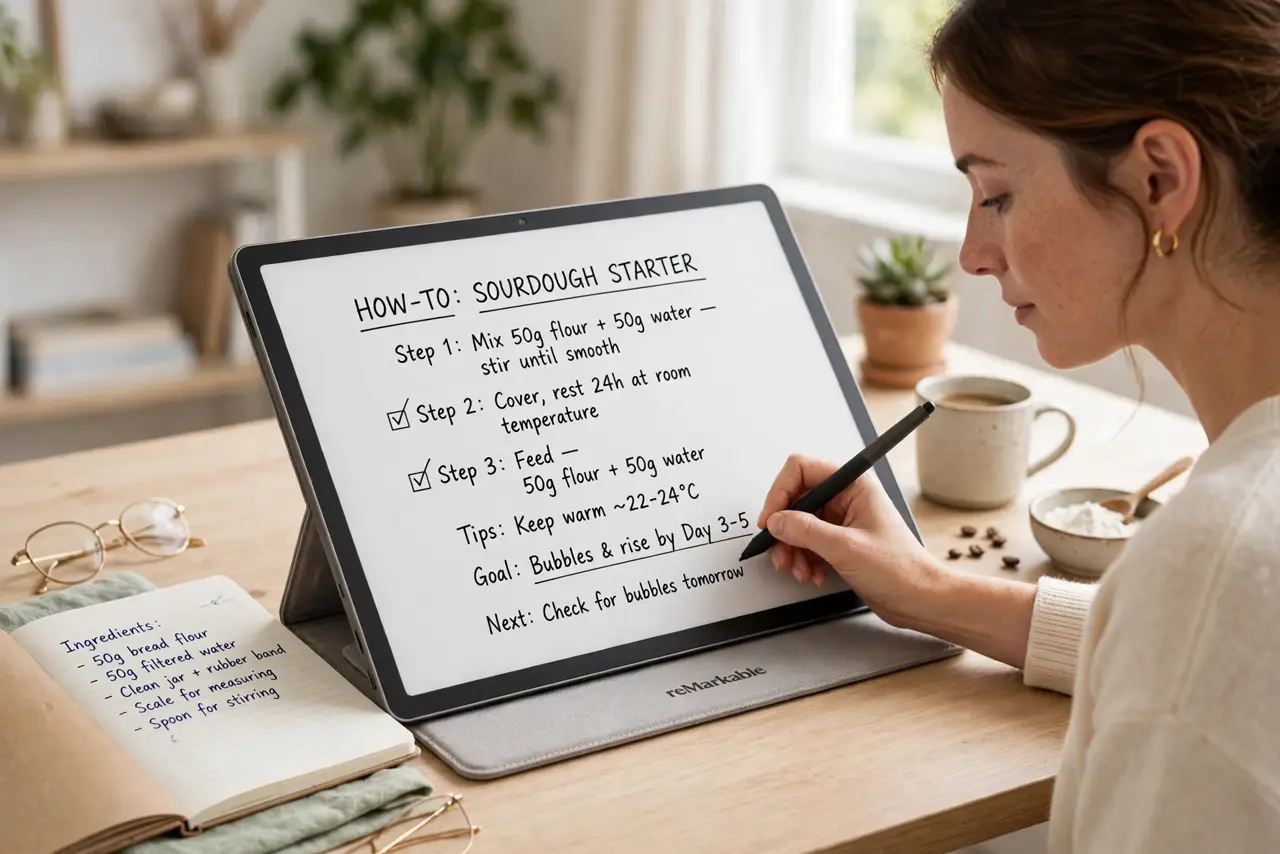 a person writing with a real stylus on a real reMarkable e-ink tablet showing handwritten notes legibly on the paper-like screen, a notebook beside it, the p...