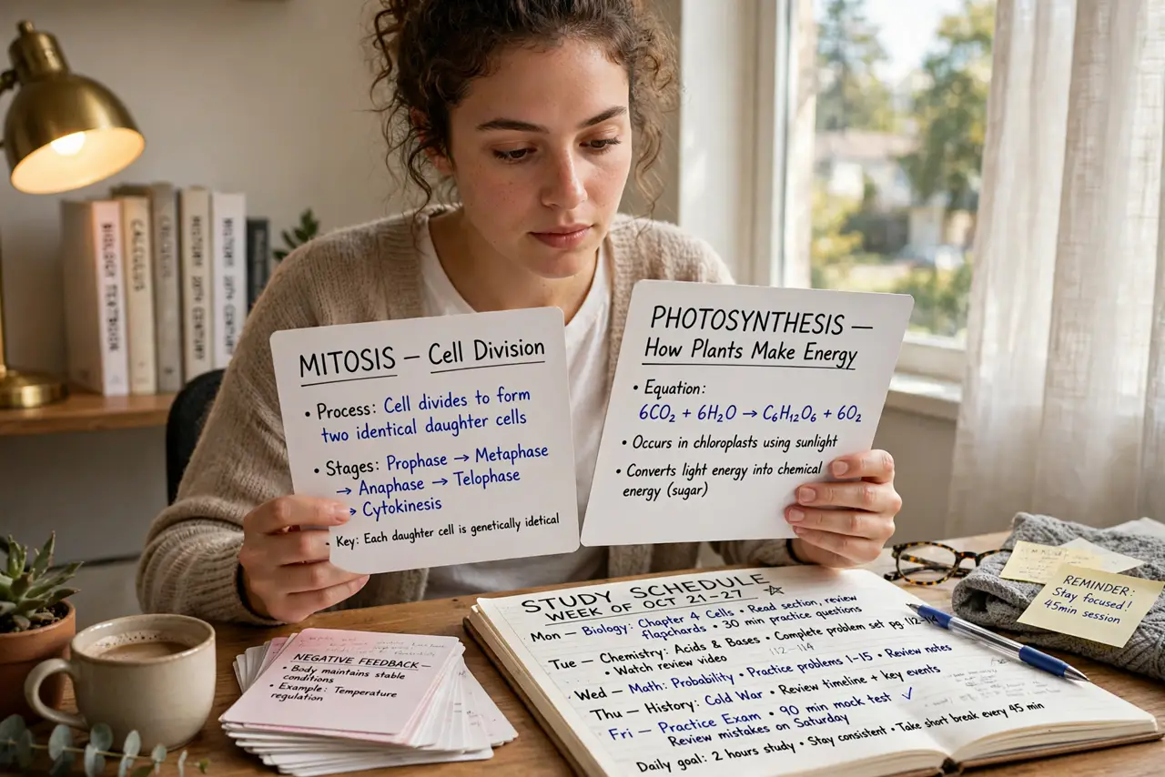 a person reviewing real flashcards on a desk with a notebook showing a study schedule legibly, the person's face focused, warm study light. No black screen, no blank white screen, .