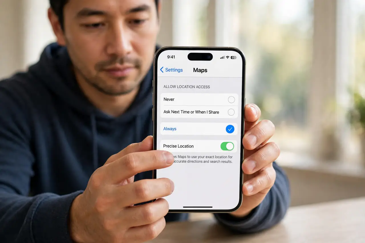 Step 1 in action for Location Reminders Never Fire: Grant precise location, set to Always.