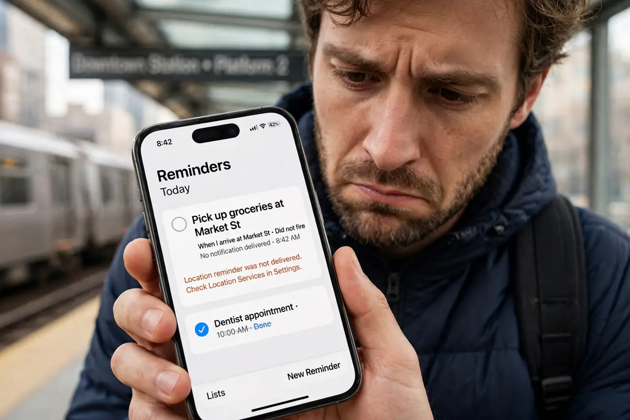 Location Reminders Never Fire — a frustrated commuter checking a phone where a location reminder never fired, the reminders app with fully leg