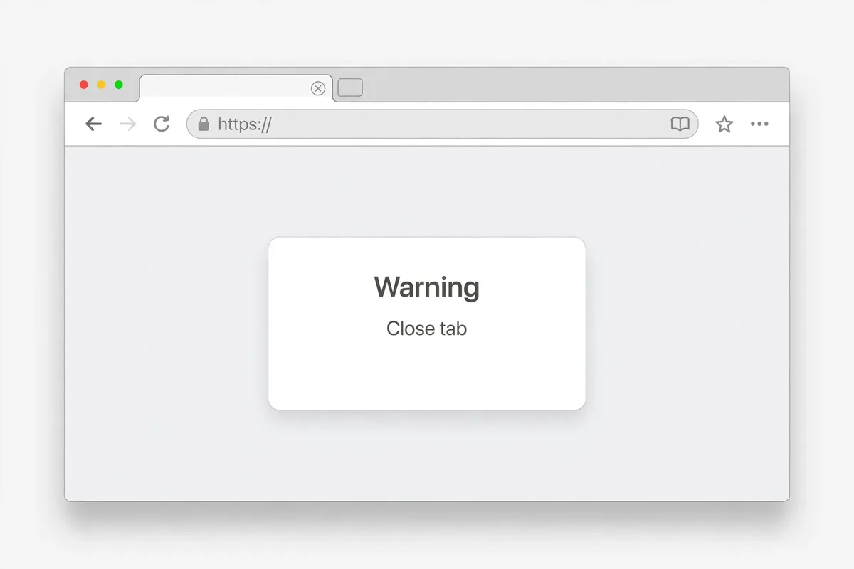A recreated browser window showing a simple warning pop-up, with the tab's close button visible at the top.