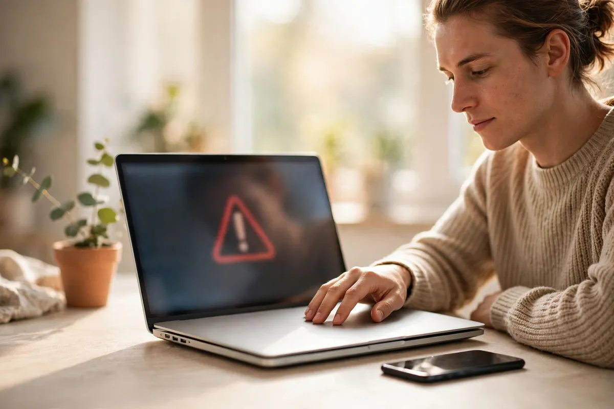 A person looking calmly at a laptop screen showing a large red warning triangle, with a phone on the desk beside it.
