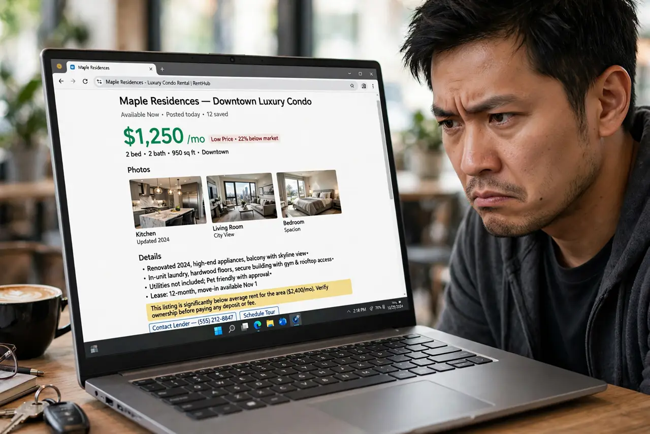 Rental Asks for a Deposit Upfront — a wary adult looking at a real laptop showing a rental listing with luxury photos and a low price, the listing