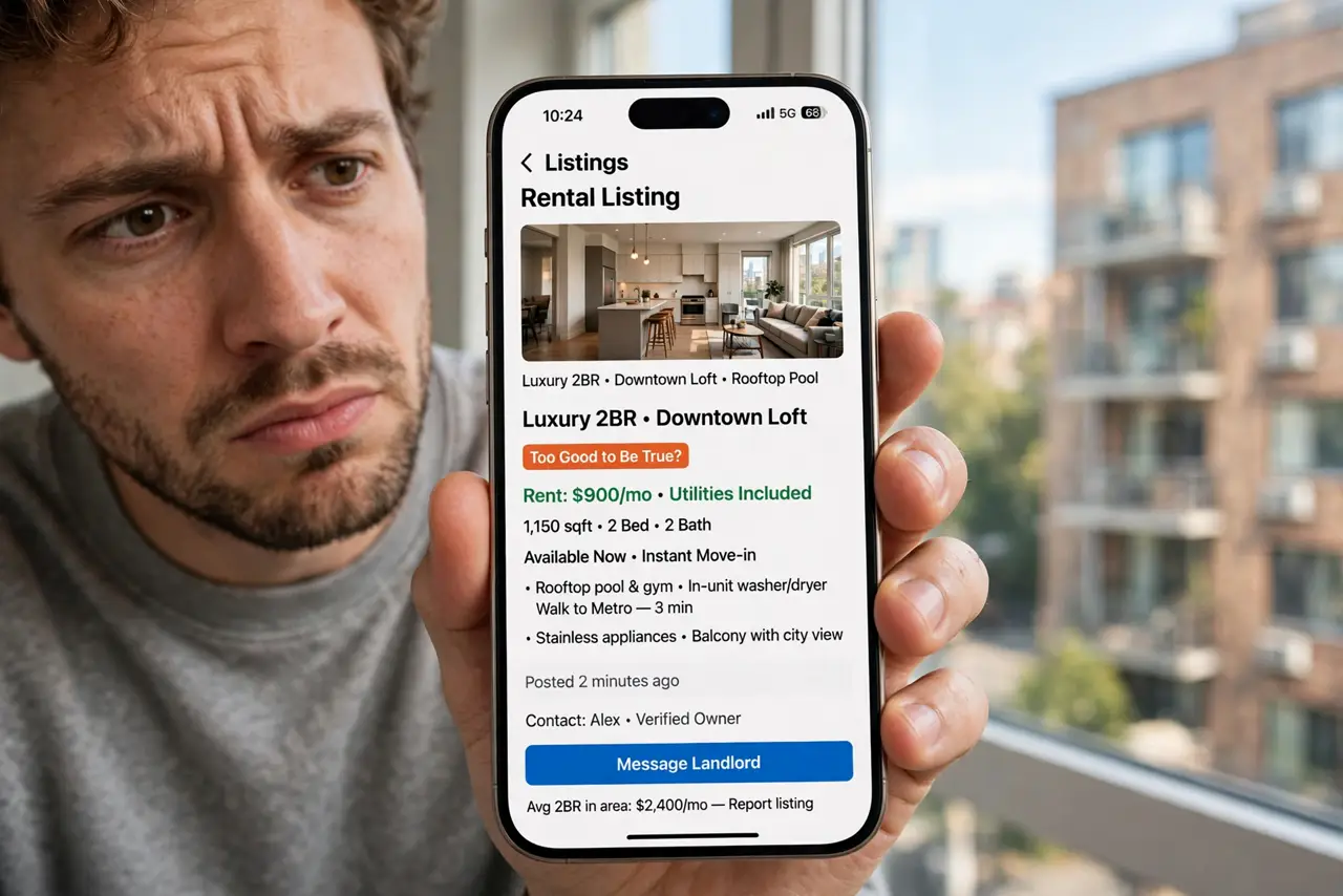 a person holding a real phone showing a rental listing that looks too good to be true, a real apartment building visible through a window, the person's face skeptical. No black scr.