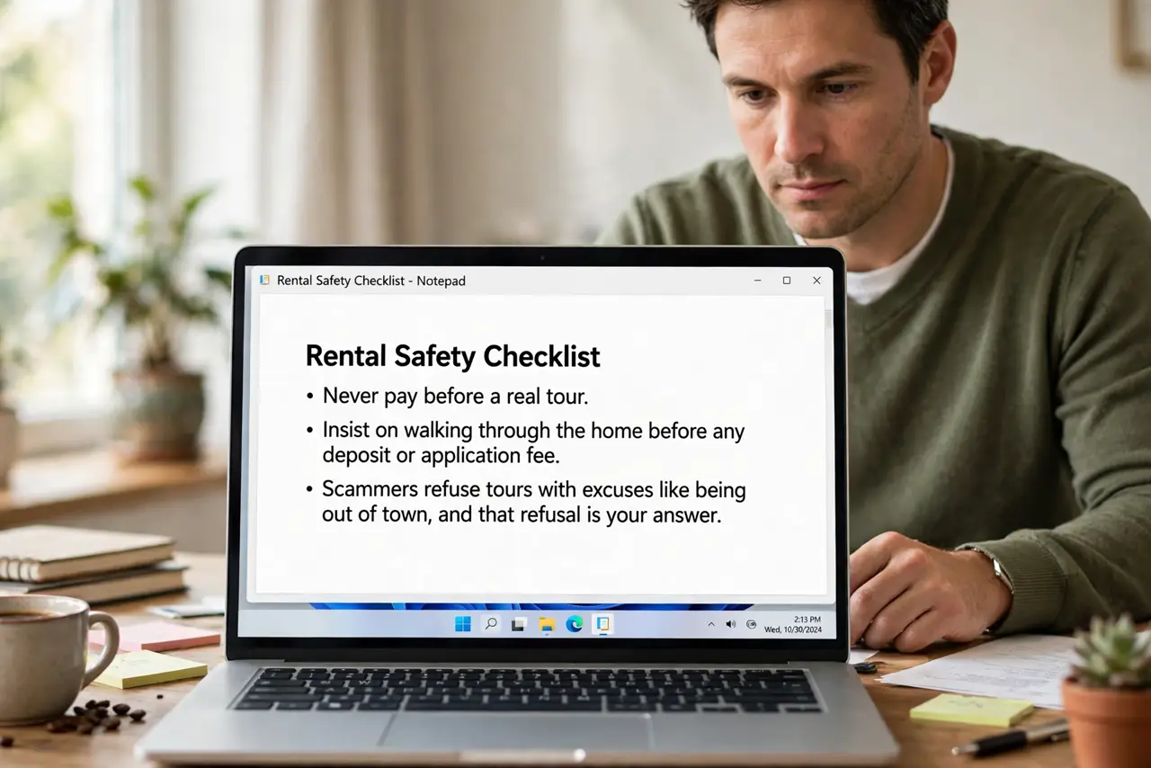 A person performing step 1 of the guide: Never pay before a real tour. Insist on walking through the home before any deposit or application fee. Scammers refuse tours with...