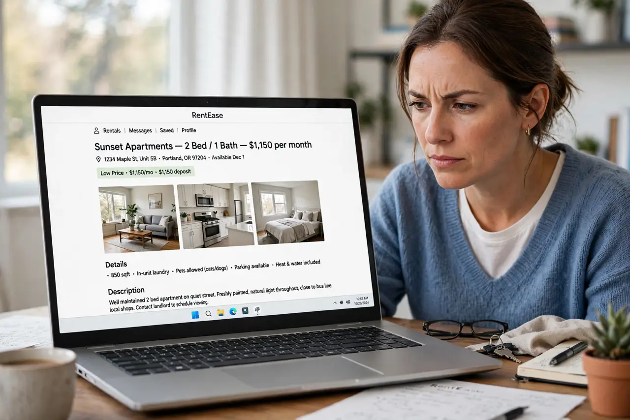 a calm adult at a desk with a real laptop, the screen showing a normal rental listing with apartment photos and a low price in legible text, the person studying it skeptically
