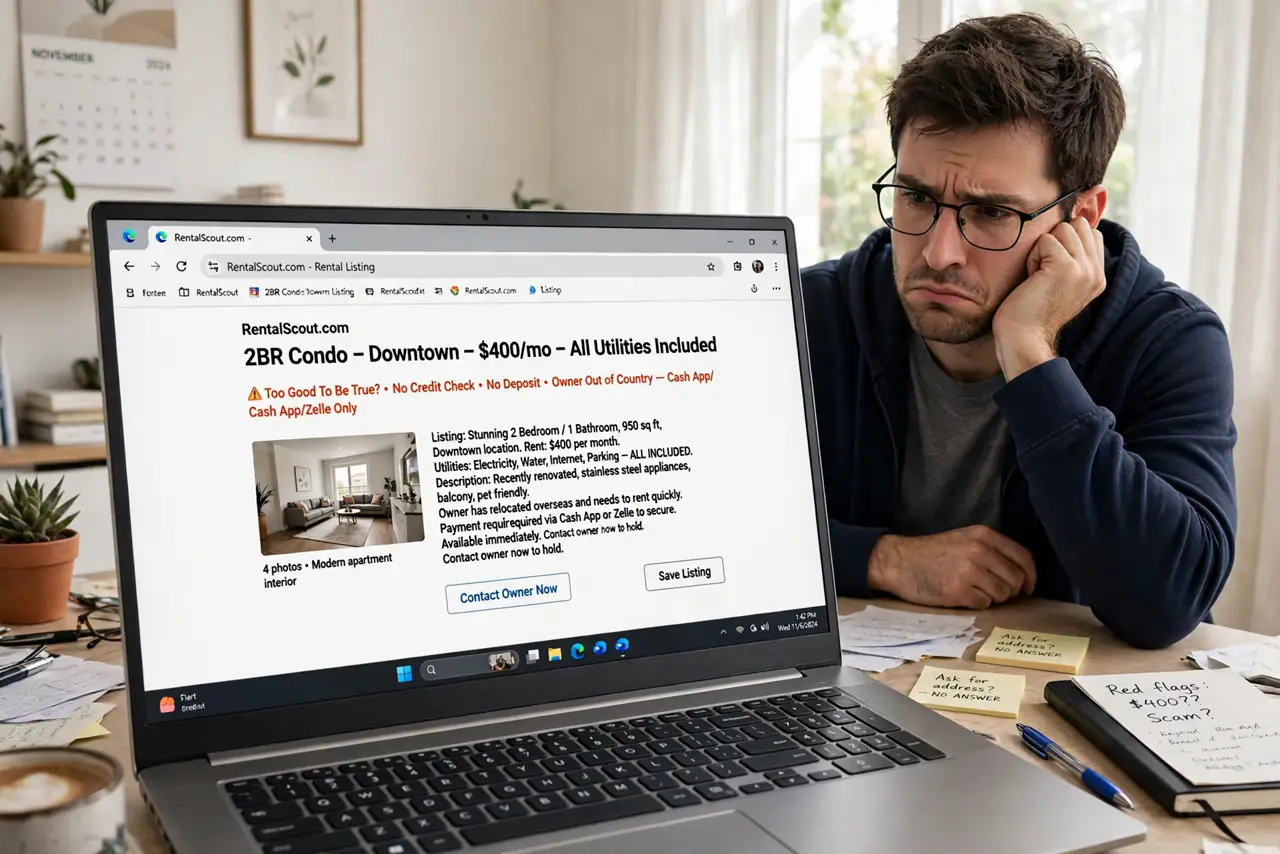 Photoreal photo: a person at a real laptop looking doubtfully at a legible too-good-to-be-true rental listing, the person's face skeptical, bright home office. No black screen, no blank white screen, no fake or gar...