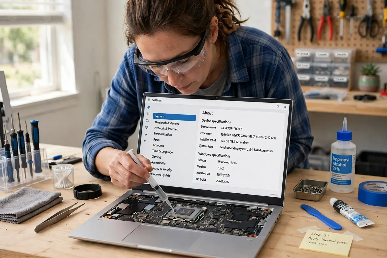 a person carefully applying thermal paste to a real laptop CPU on a clean workbench, tools organized nearby, the person's face concentrated, bright workspace. No black screen, no b.
