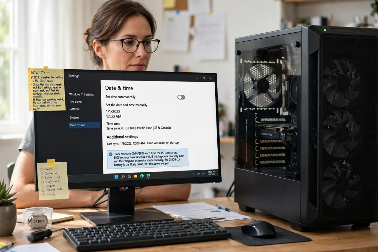 Replace a Desktop CMOS Battery Safely — step 1 being performed on the device.