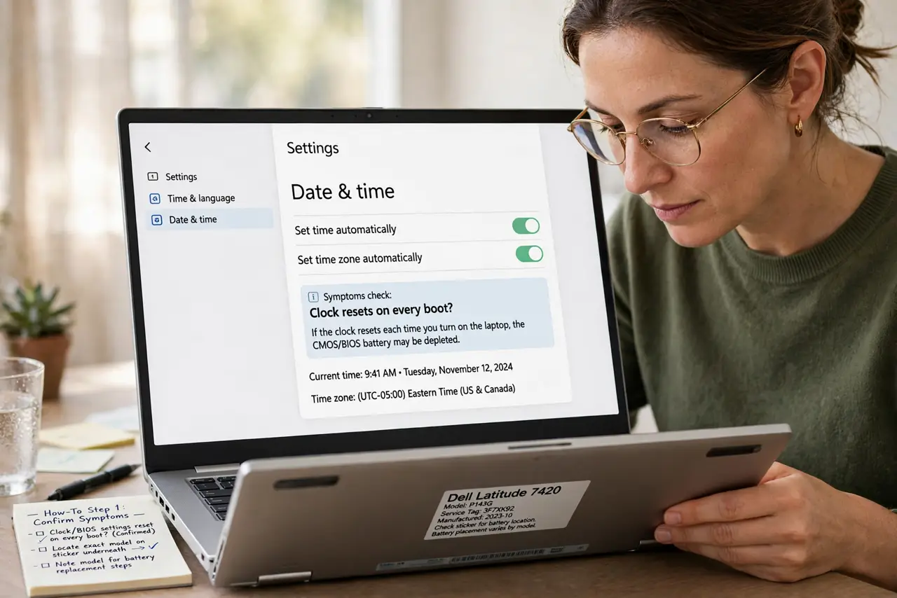 Replace a Laptop CMOS Battery Safely — step 1 being performed on the device.